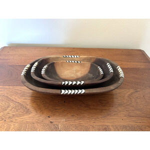 Kenyan Rosewood Teak Inlay Nesting Bowls Set 3 Hand Carved Boho Rustic